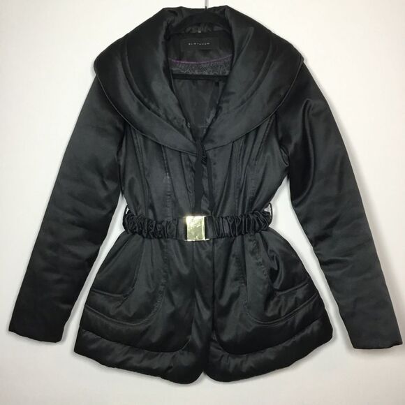 Ellie Tahari black shiny coat oversized collar belt polyester/down/feather sz M - Picture 1 of 10